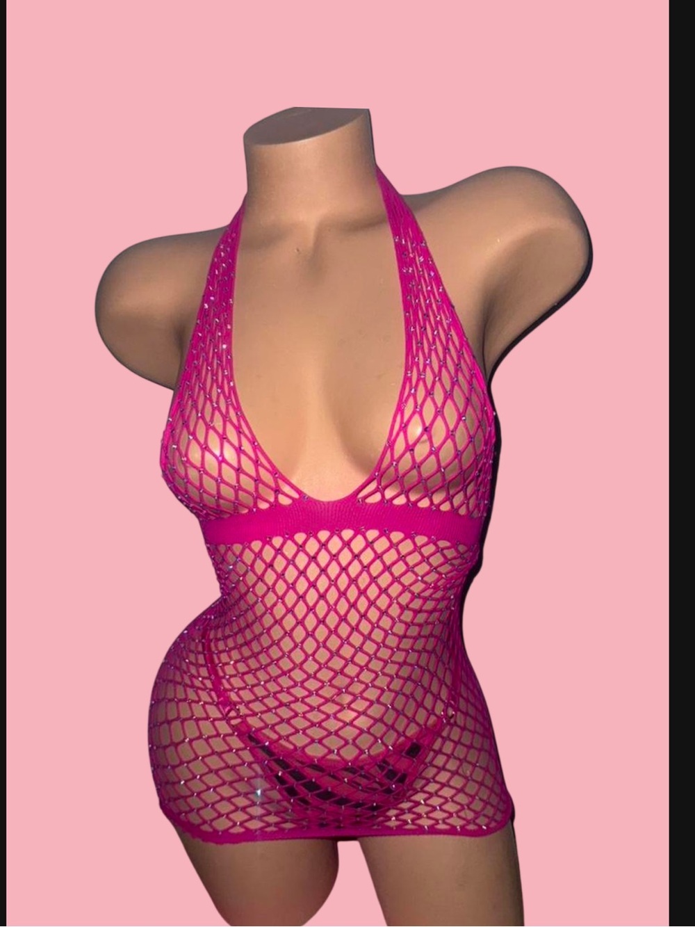 Pink Fishnet Halter Mini Dress 2pc One Size